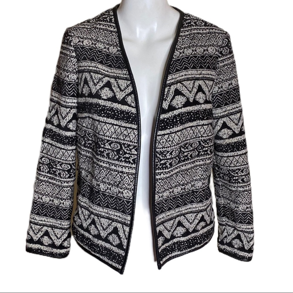H&M Tribal Open Cardigan Size Faux Leather Trim Black Gray Size 4